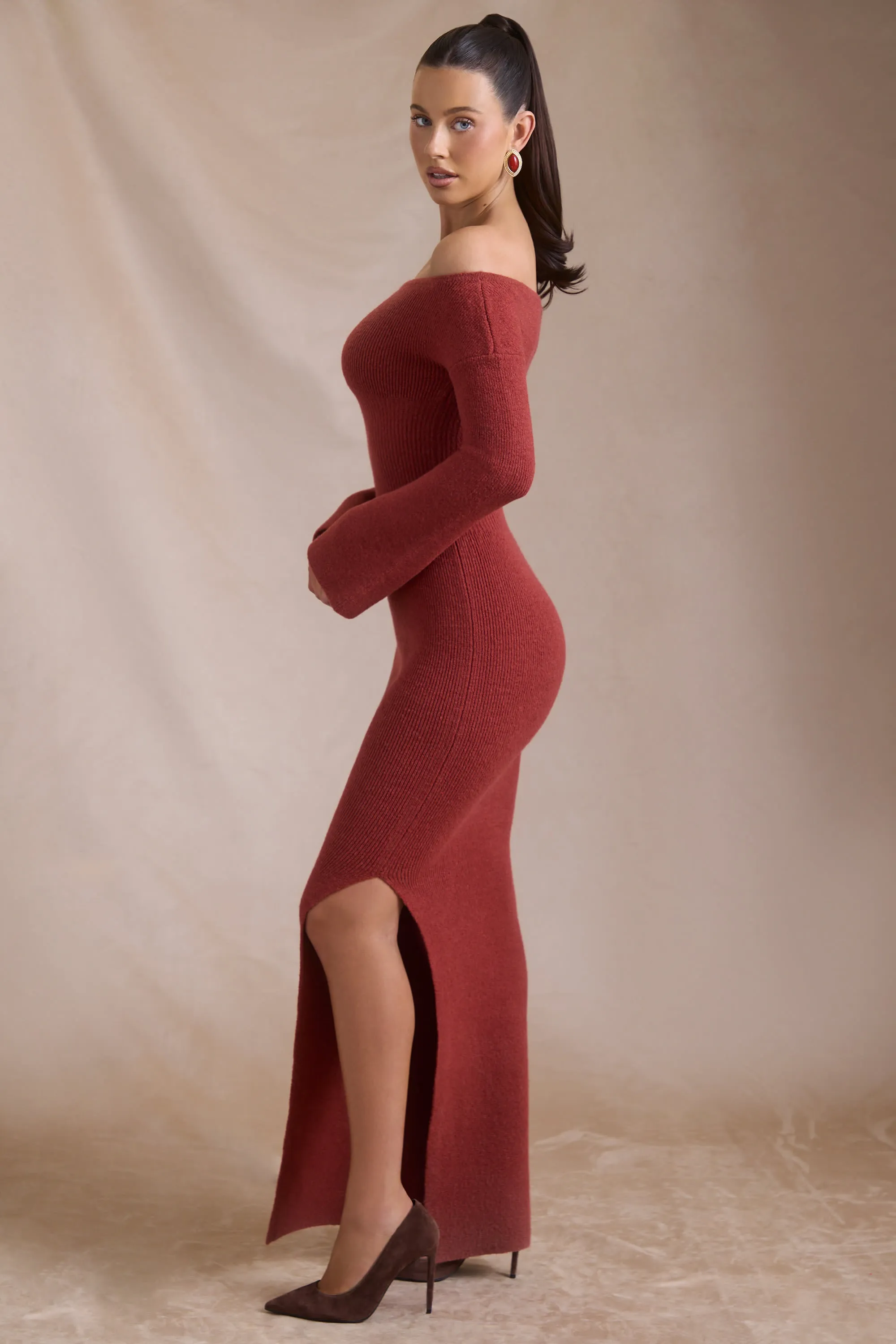 Ribbed-Knit Off-Shoulder Maxi Dress in Brick Red