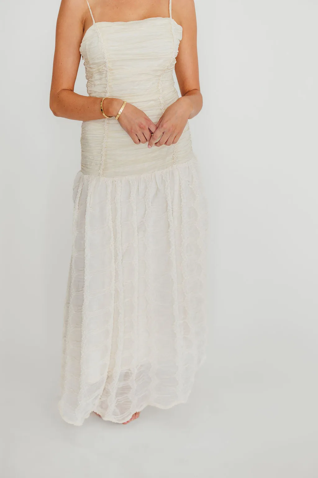 Rosie Ruched Maxi Dress With Bow Back Detail in Cream