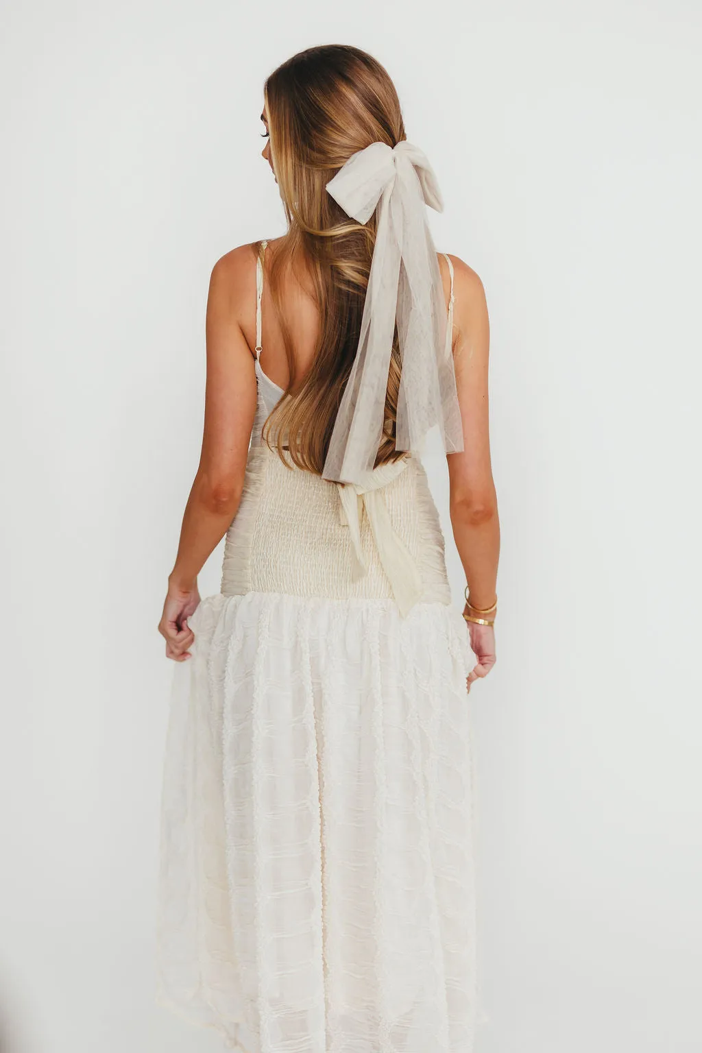 Rosie Ruched Maxi Dress With Bow Back Detail in Cream