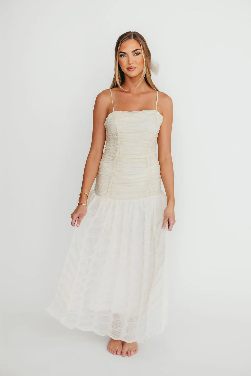 Rosie Ruched Maxi Dress With Bow Back Detail in Cream