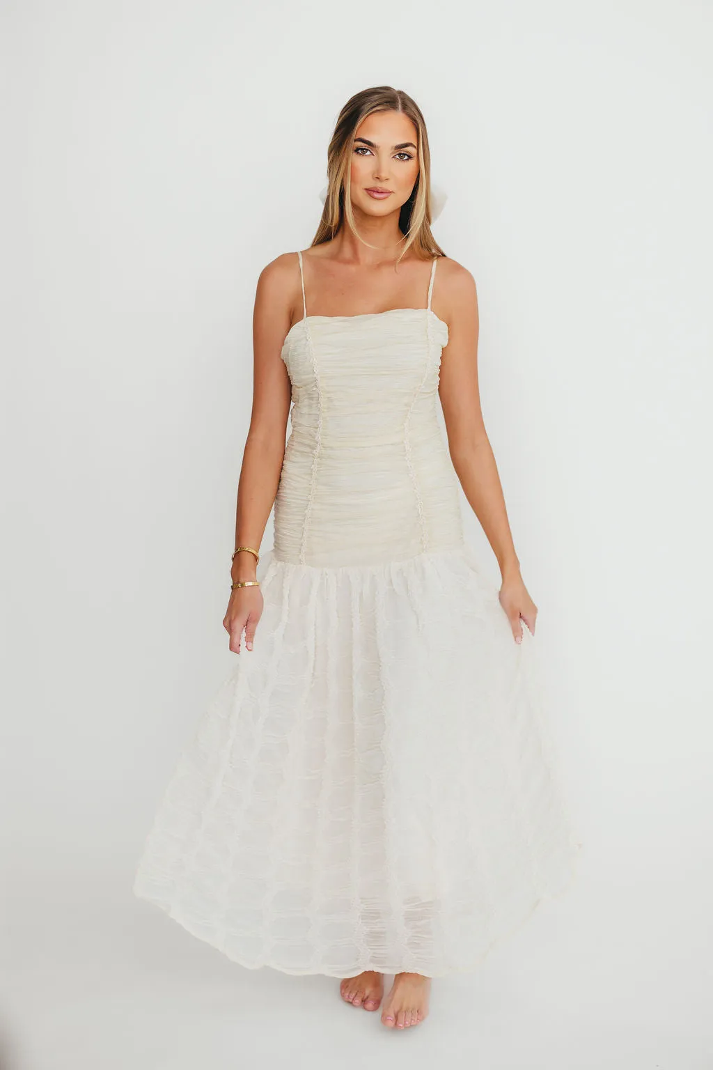 Rosie Ruched Maxi Dress With Bow Back Detail in Cream