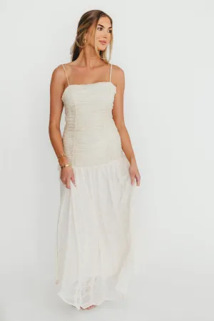 Rosie Ruched Maxi Dress With Bow Back Detail in Cream
