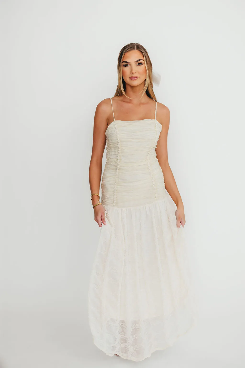 Rosie Ruched Maxi Dress With Bow Back Detail in Cream