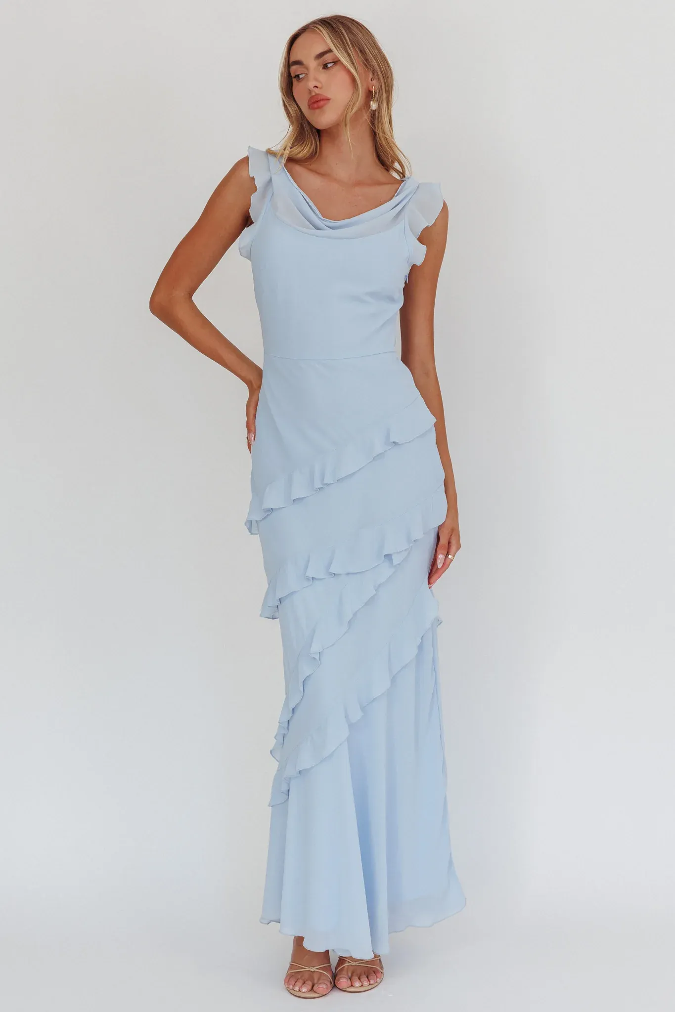 Sangria Cowl Neck Frill Maxi Dress Blue