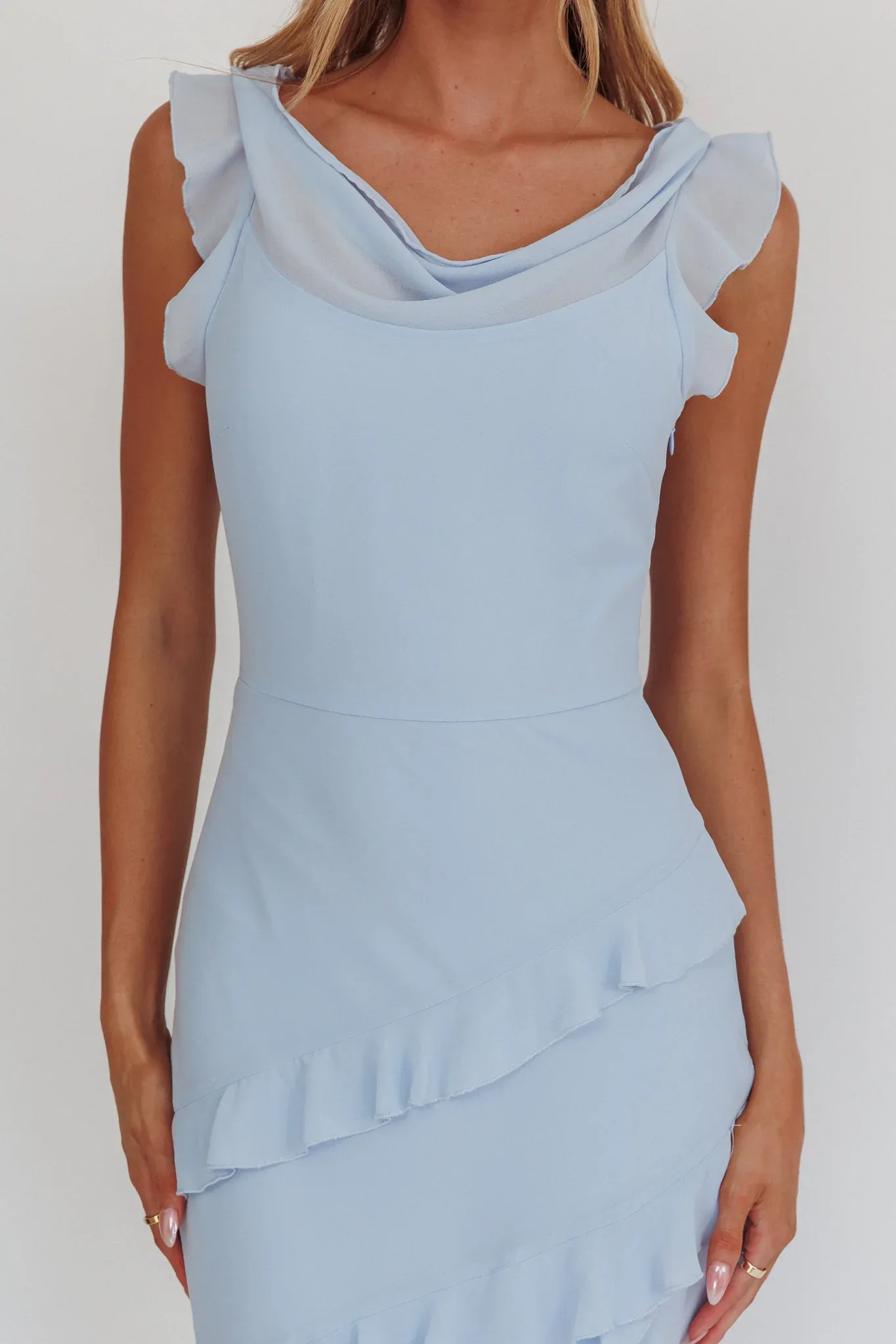 Sangria Cowl Neck Frill Maxi Dress Blue