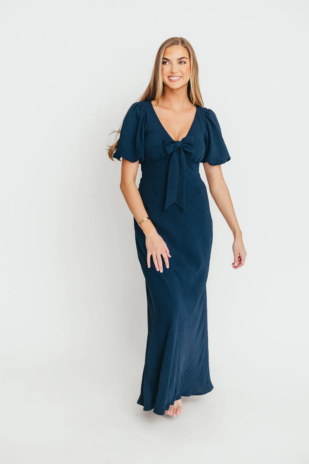 Selena Bow Front Maxi Dress in Navy