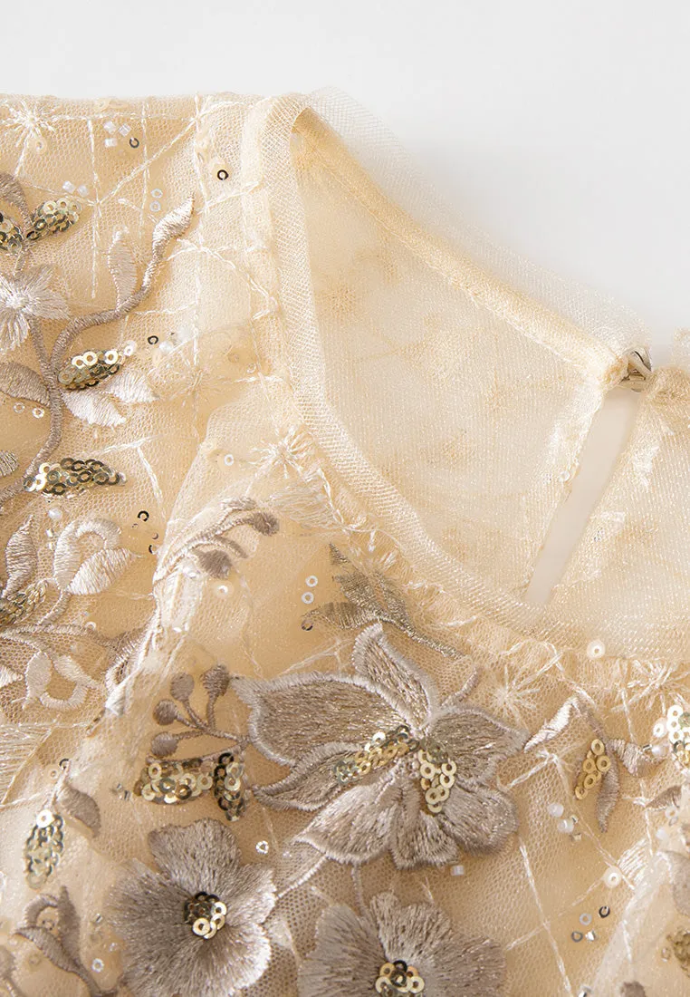 Sequin-detail Floral Embroidered Layered Mesh Dress