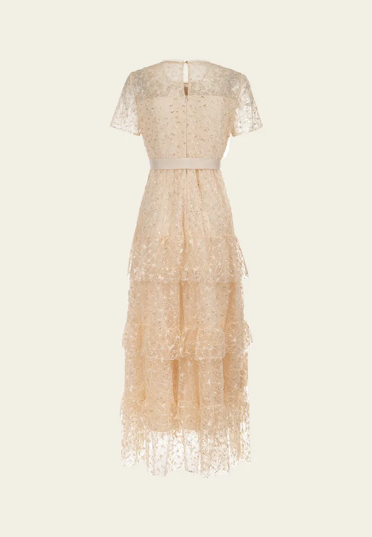 Sequin-detail Floral Embroidered Layered Mesh Dress