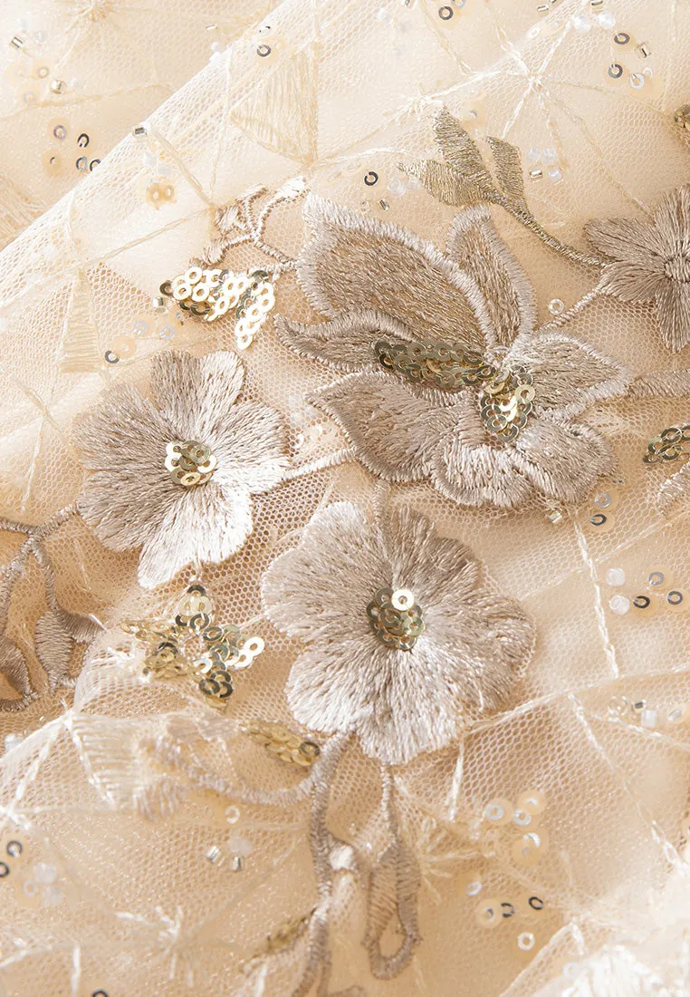 Sequin-detail Floral Embroidered Layered Mesh Dress