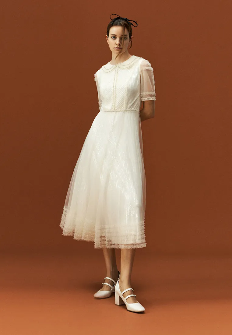 Sequins Rhinestone Embellished Pleated Chiffon Lapel Dress