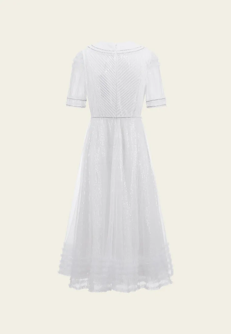 Sequins Rhinestone Embellished Pleated Chiffon Lapel Dress
