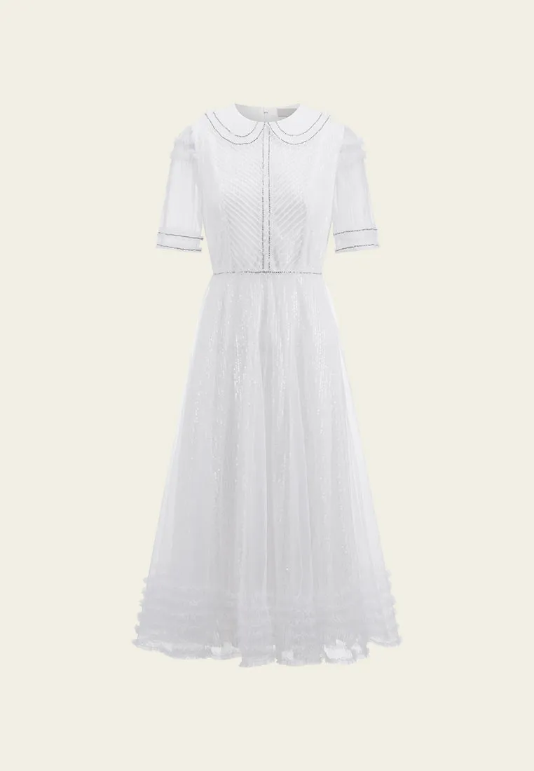 Sequins Rhinestone Embellished Pleated Chiffon Lapel Dress