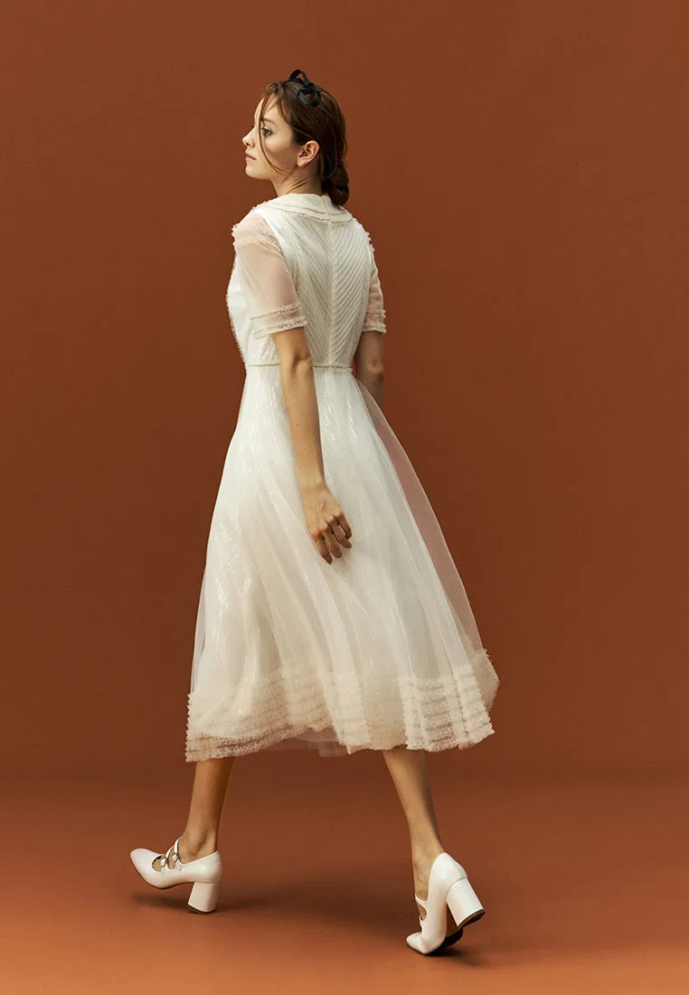 Sequins Rhinestone Embellished Pleated Chiffon Lapel Dress
