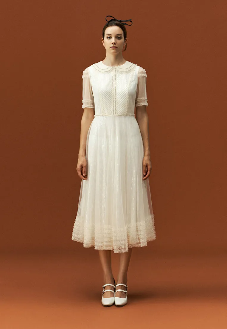 Sequins Rhinestone Embellished Pleated Chiffon Lapel Dress