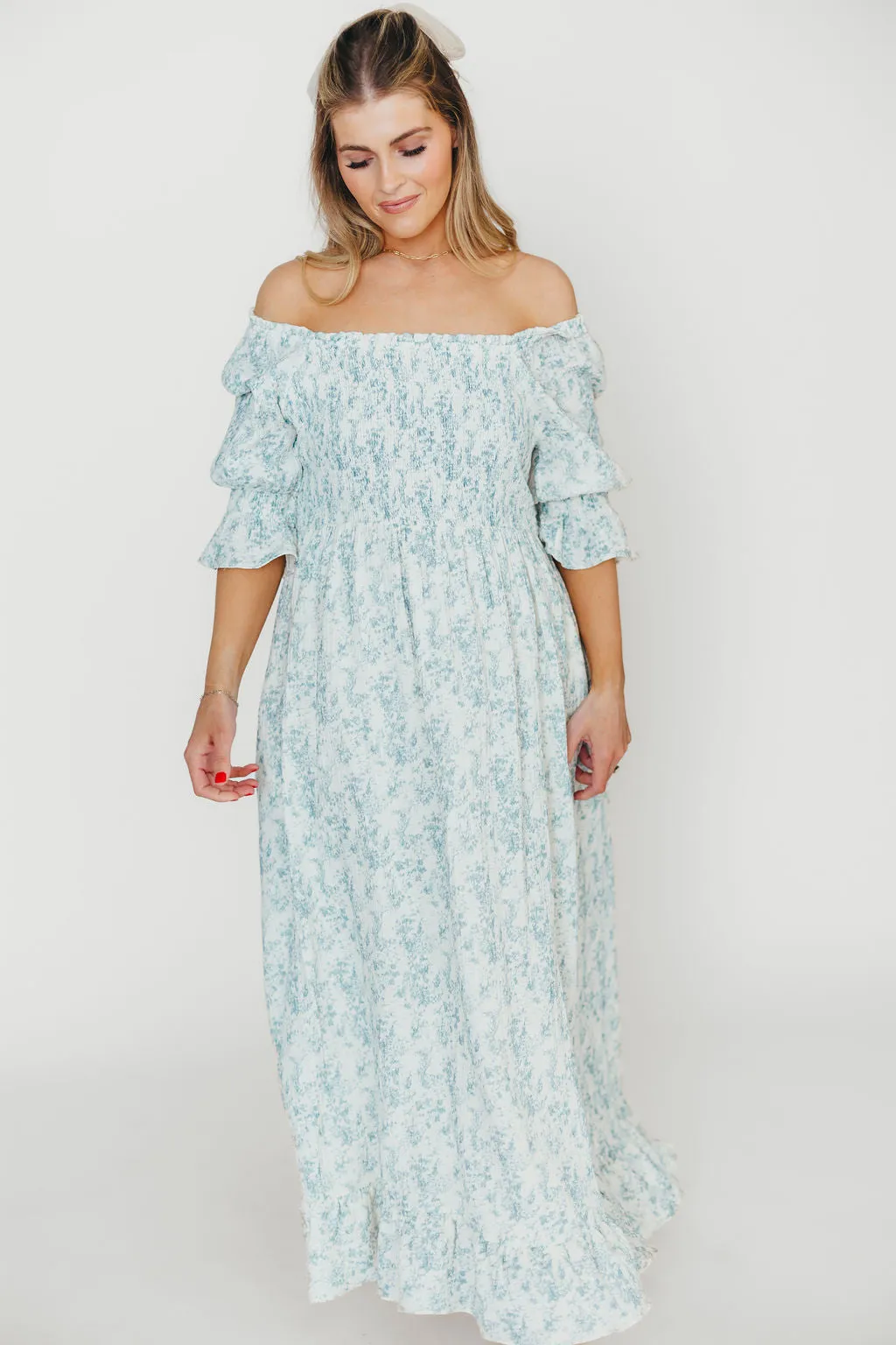 Sienna 100% Cotton Puff Sleeve Maxi Dress in Blue Floral - Bump Friendly