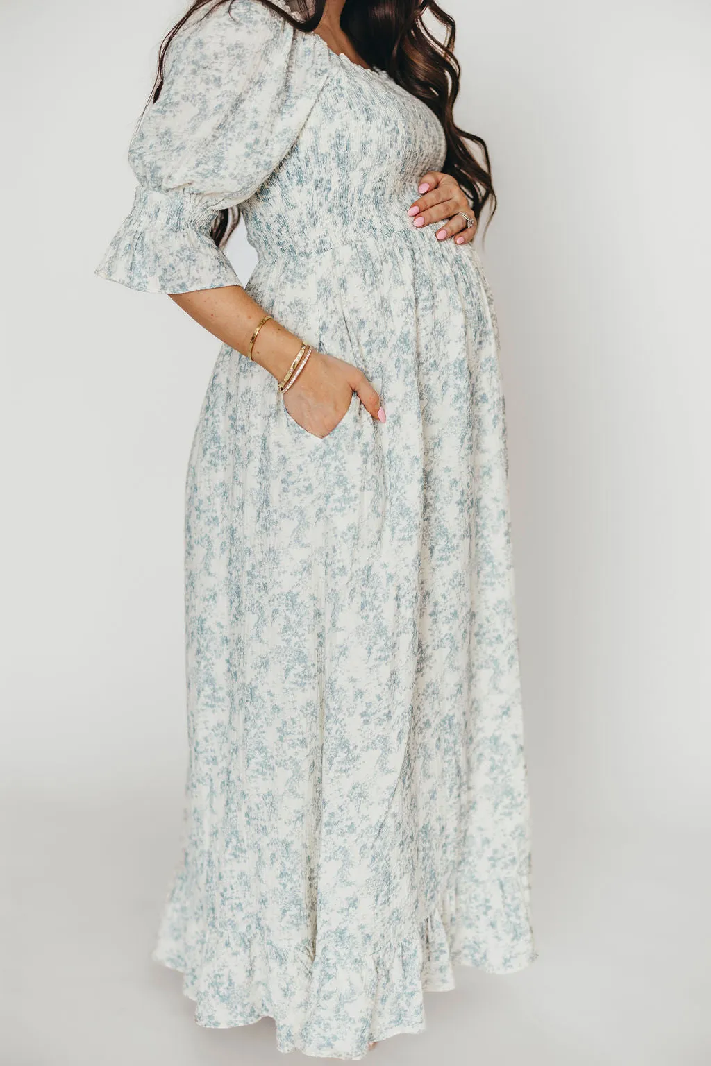 Sienna 100% Cotton Puff Sleeve Maxi Dress in Blue Floral - Bump Friendly