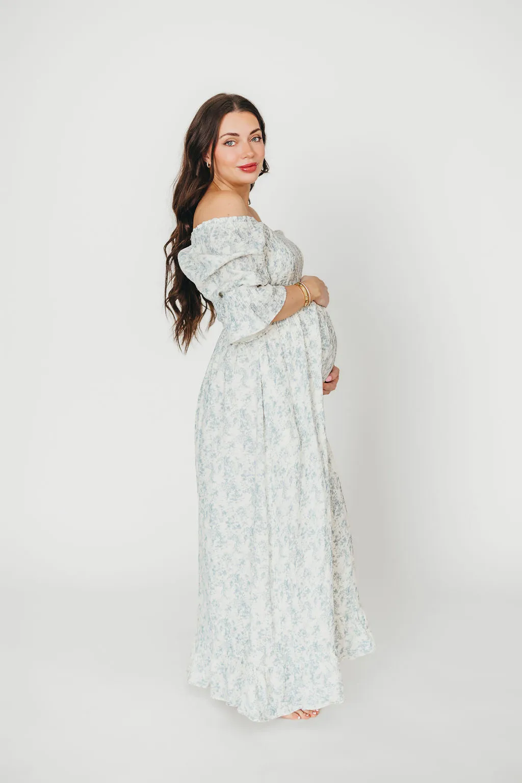 Sienna 100% Cotton Puff Sleeve Maxi Dress in Blue Floral - Bump Friendly