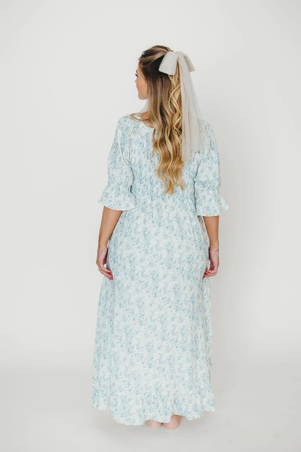 Sienna 100% Cotton Puff Sleeve Maxi Dress in Blue Floral - Bump Friendly
