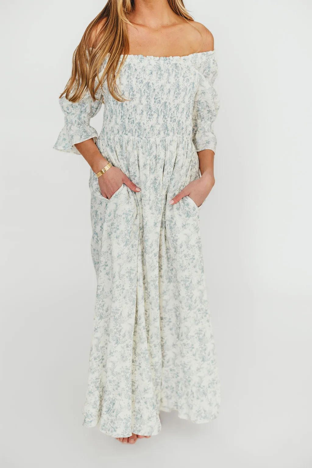 Sienna 100% Cotton Puff Sleeve Maxi Dress in Blue Floral - Bump Friendly