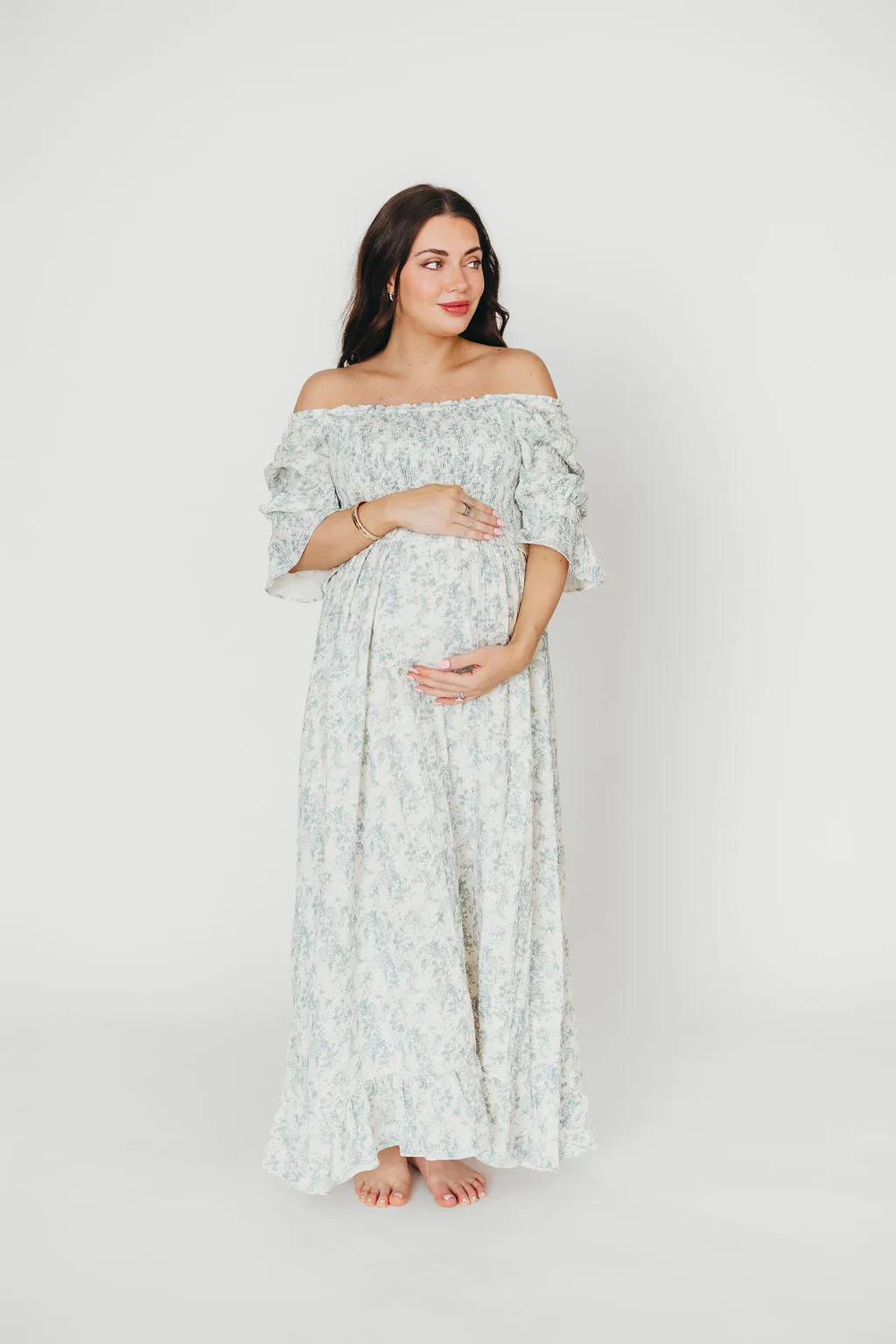 Sienna 100% Cotton Puff Sleeve Maxi Dress in Blue Floral - Bump Friendly