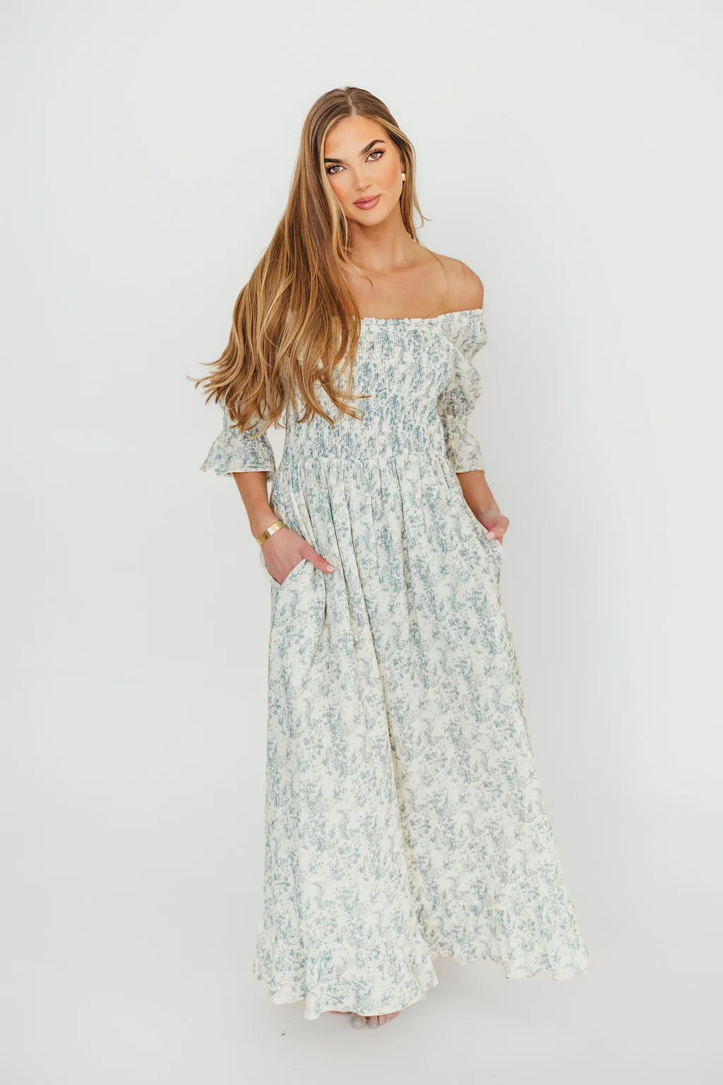 Sienna 100% Cotton Puff Sleeve Maxi Dress in Blue Floral - Bump Friendly