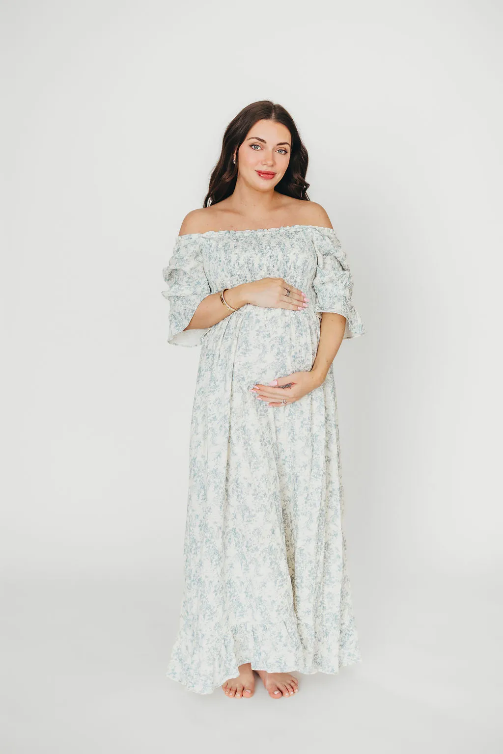 Sienna 100% Cotton Puff Sleeve Maxi Dress in Blue Floral - Bump Friendly