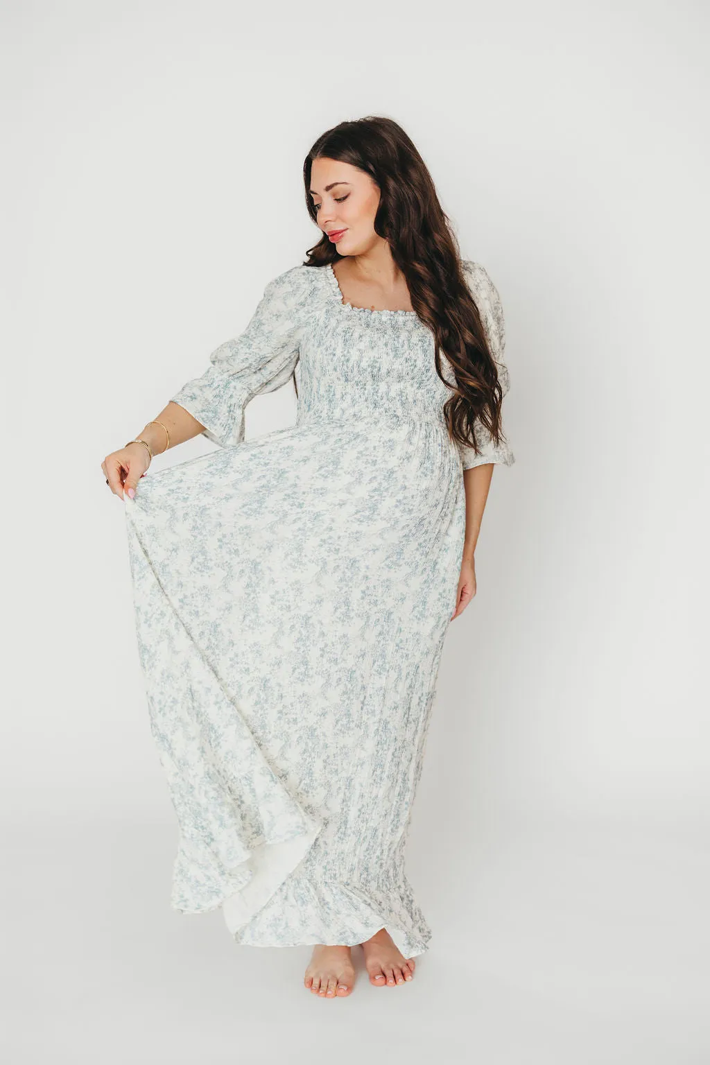 Sienna 100% Cotton Puff Sleeve Maxi Dress in Blue Floral - Bump Friendly