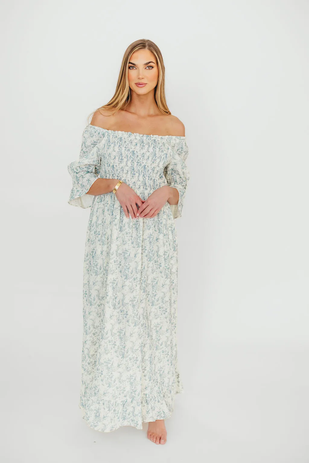Sienna 100% Cotton Puff Sleeve Maxi Dress in Blue Floral - Bump Friendly