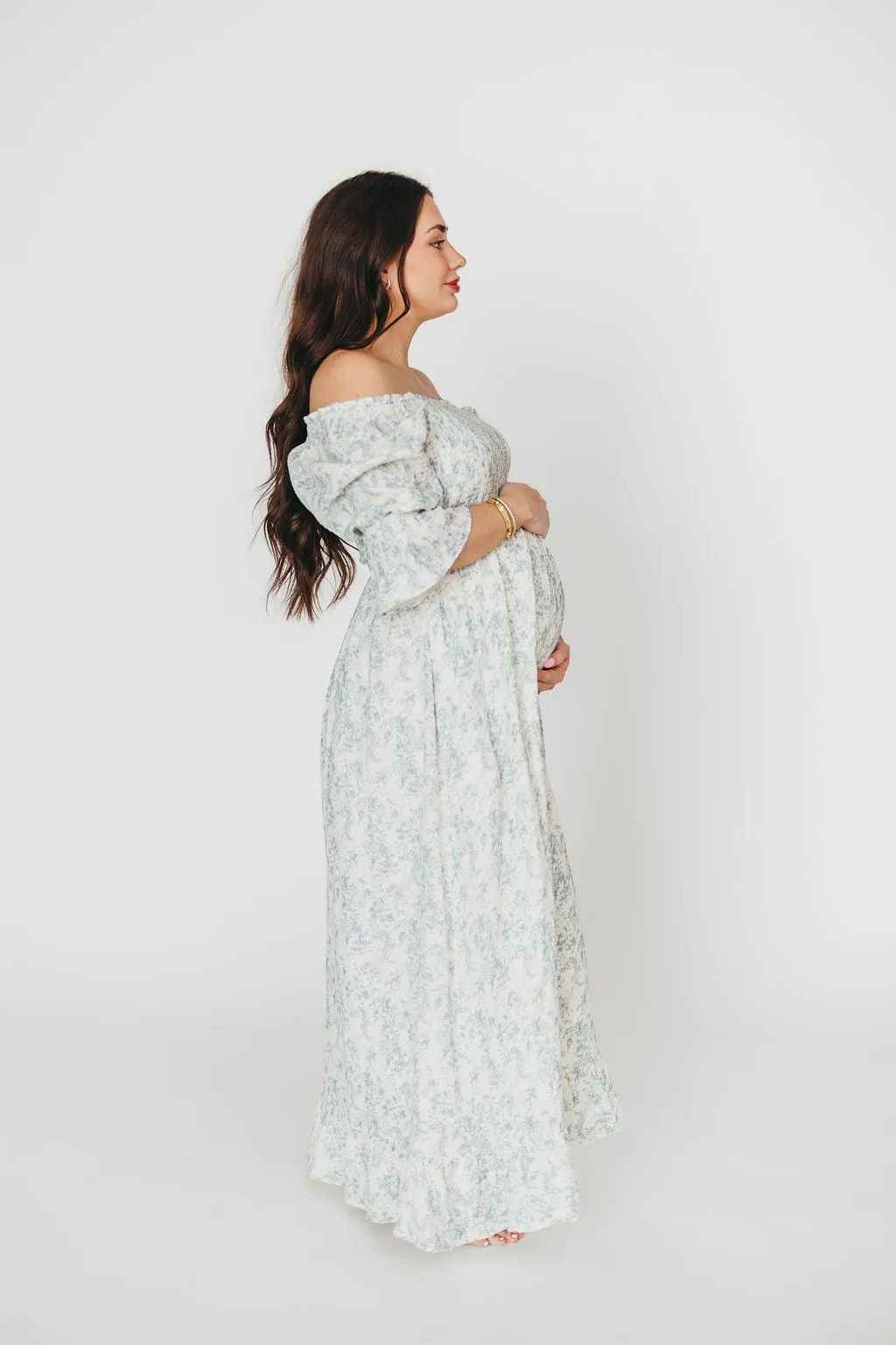 Sienna 100% Cotton Puff Sleeve Maxi Dress in Blue Floral - Bump Friendly