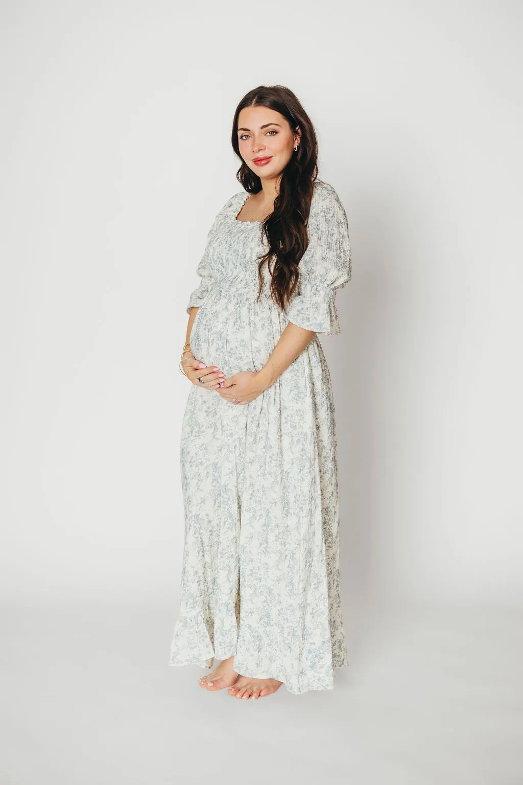 Sienna 100% Cotton Puff Sleeve Maxi Dress in Blue Floral - Bump Friendly