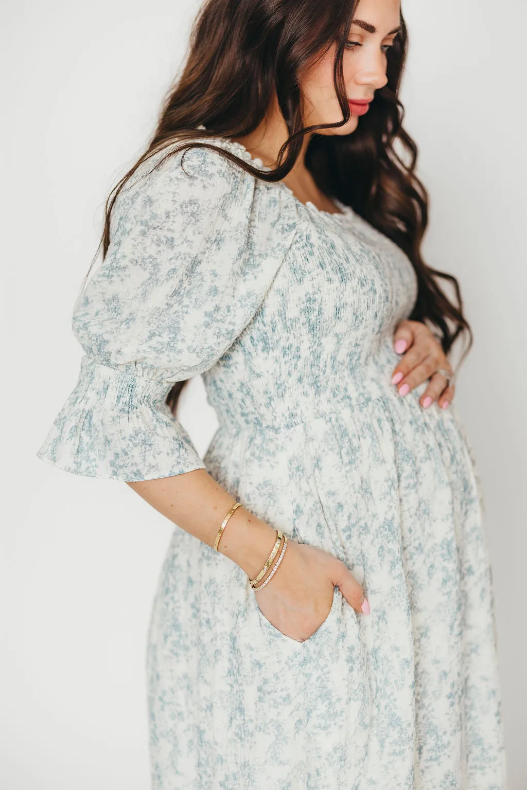 Sienna 100% Cotton Puff Sleeve Maxi Dress in Blue Floral - Bump Friendly