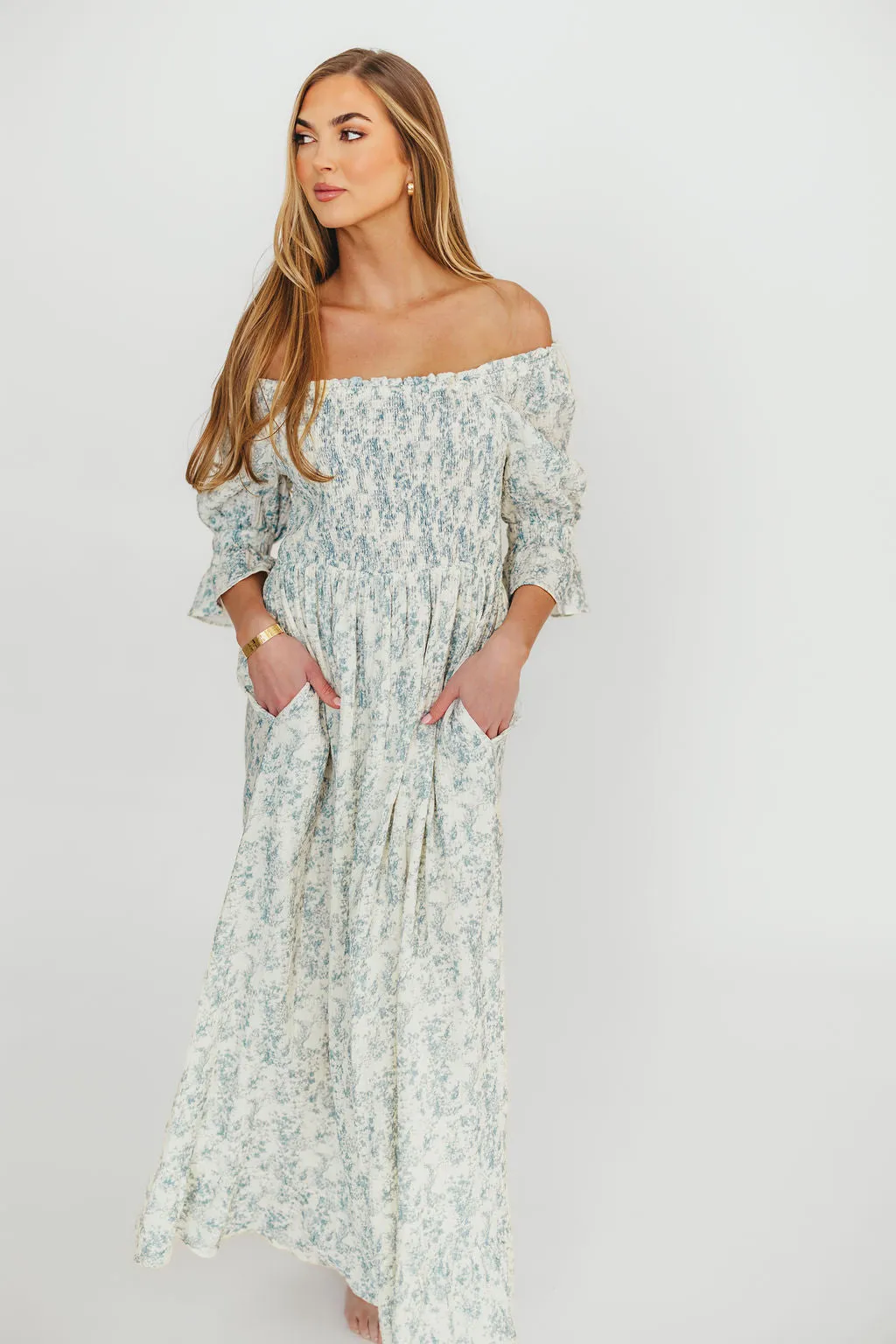 Sienna 100% Cotton Puff Sleeve Maxi Dress in Blue Floral - Bump Friendly