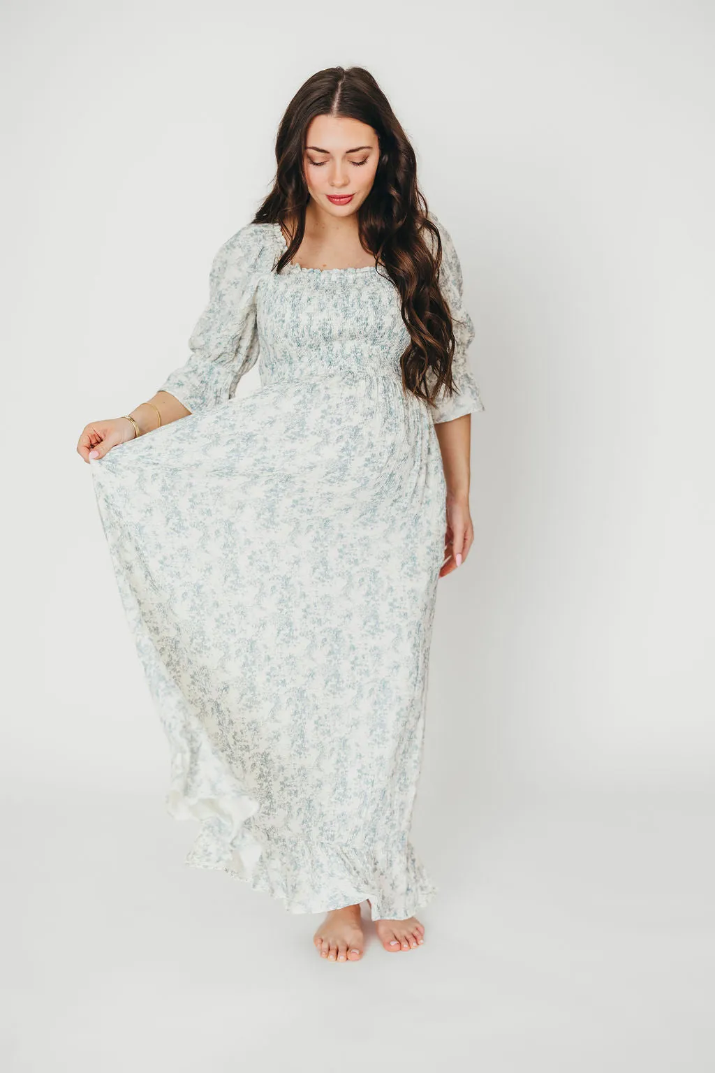 Sienna 100% Cotton Puff Sleeve Maxi Dress in Blue Floral - Bump Friendly