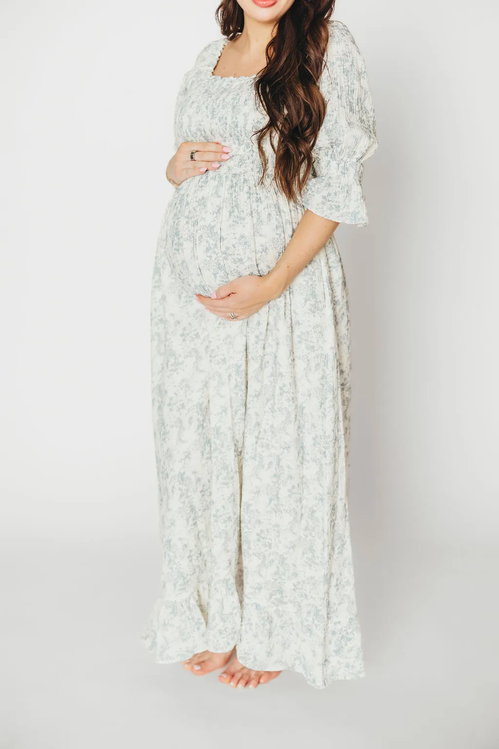 Sienna 100% Cotton Puff Sleeve Maxi Dress in Blue Floral - Bump Friendly