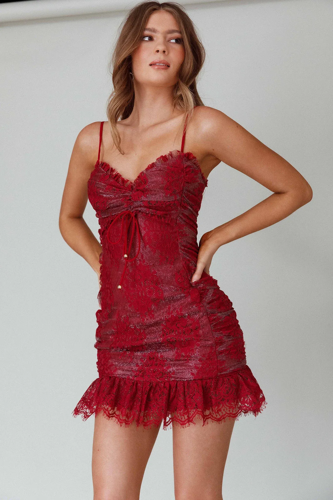 St Tropez Cami Strap Frill Hem Lace Mini Dress Wine
