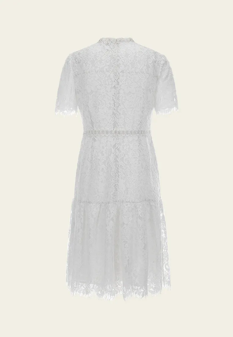 Stand-collar Luerx-trim Frayed-detail Lace Dress