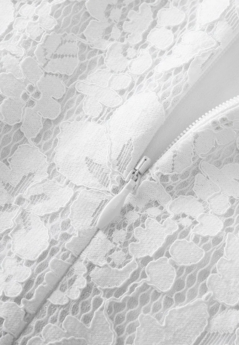 Stand-collar Luerx-trim Frayed-detail Lace Dress