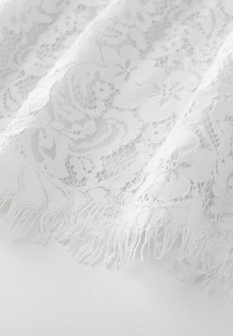 Stand-collar Luerx-trim Frayed-detail Lace Dress