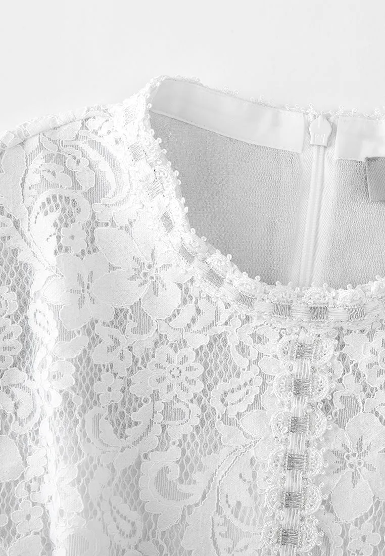 Stand-collar Luerx-trim Frayed-detail Lace Dress