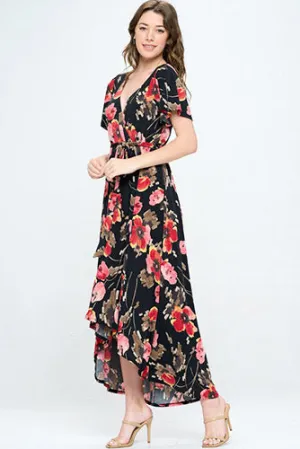 Summer in Spain Hi Lo Dress in Black Red Floral