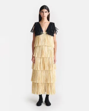 Uxia - Fringed Midi Dress - Creme/Off Black
