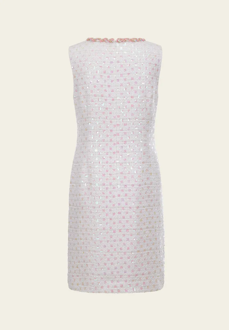 White Beaded Sequin Sleeveless Tweed Dress