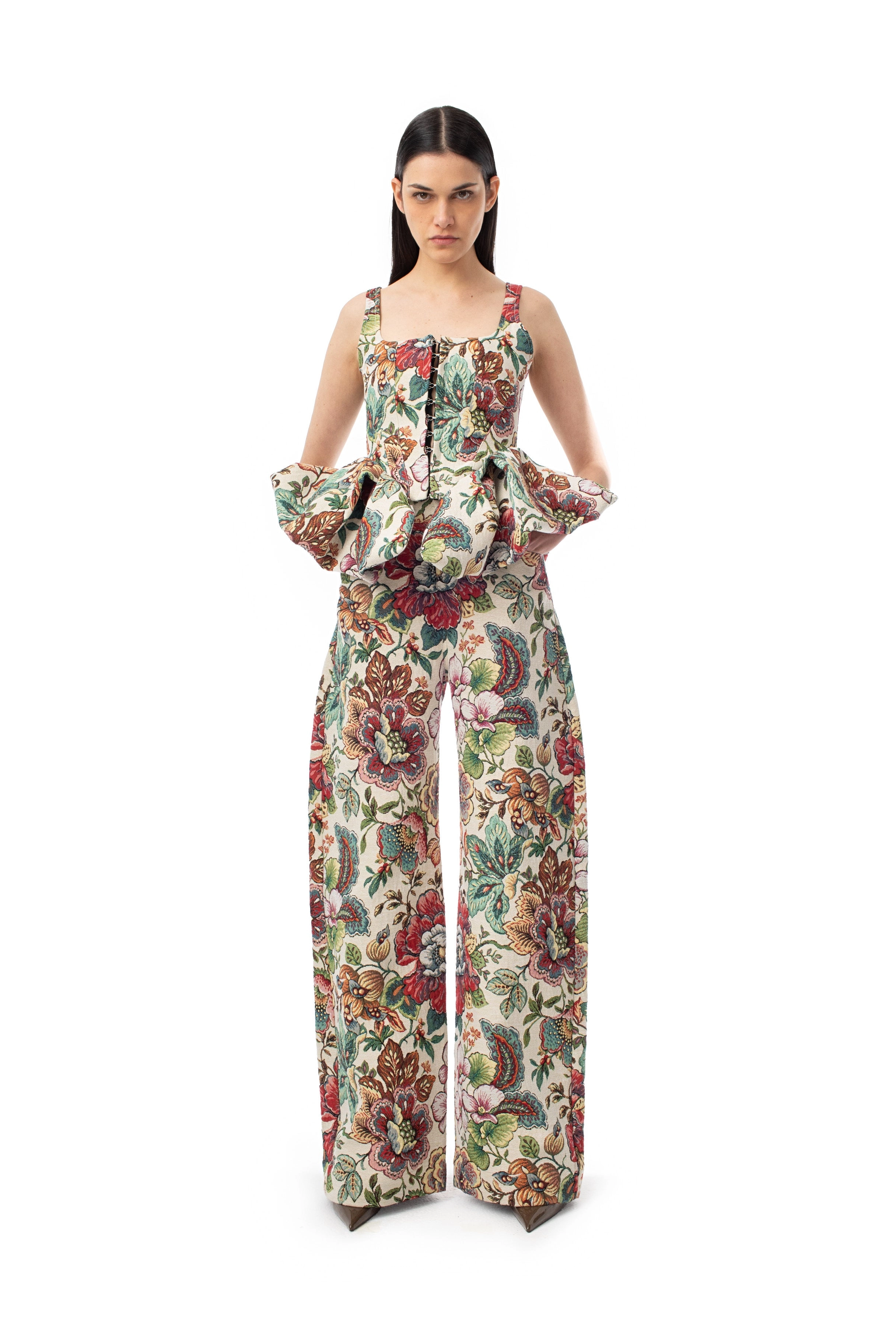 WHITE BROCADE CORSET WITH FRONT HOOK & EYE CLOSURE