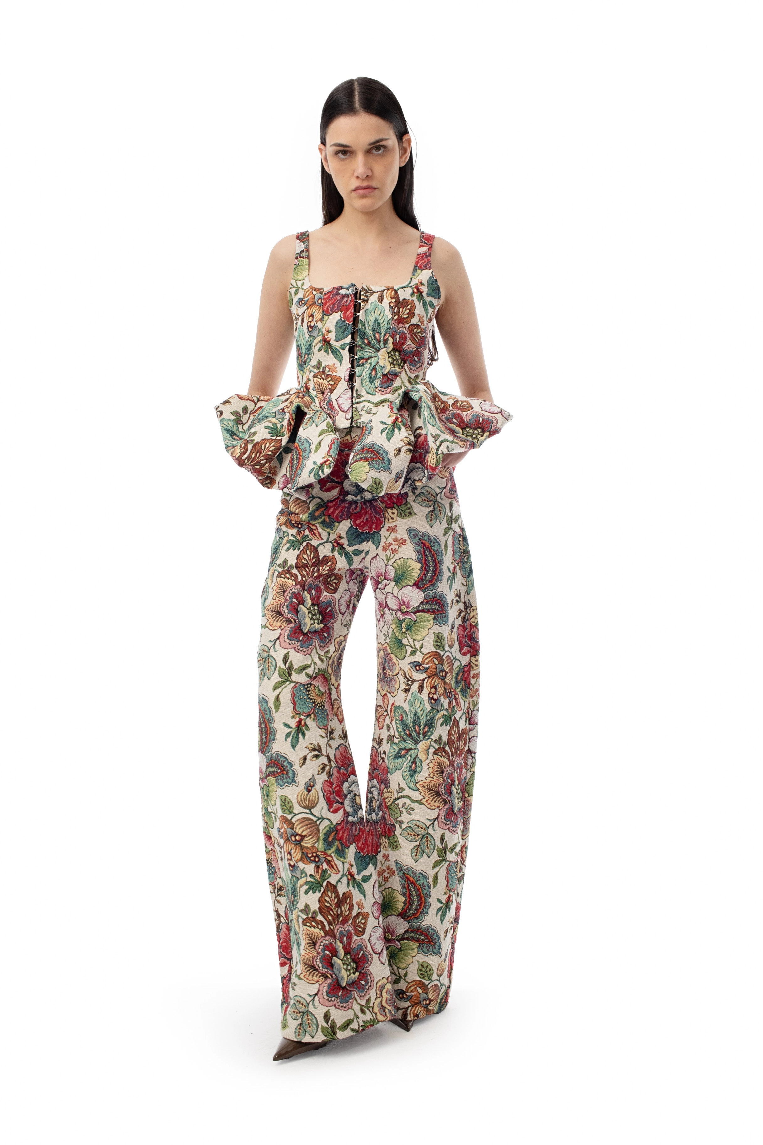 WHITE BROCADE CORSET WITH FRONT HOOK & EYE CLOSURE