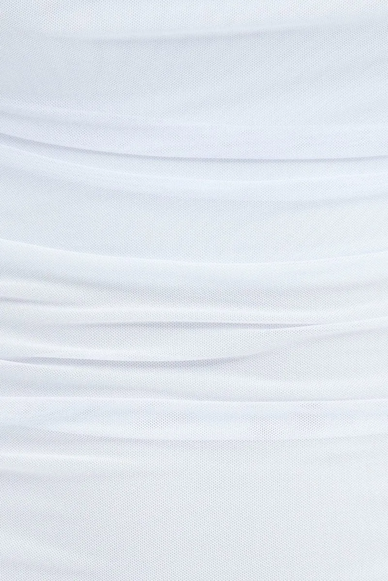 White Midi Dress Long Sleeve Square Neck Ruched Bodycon
