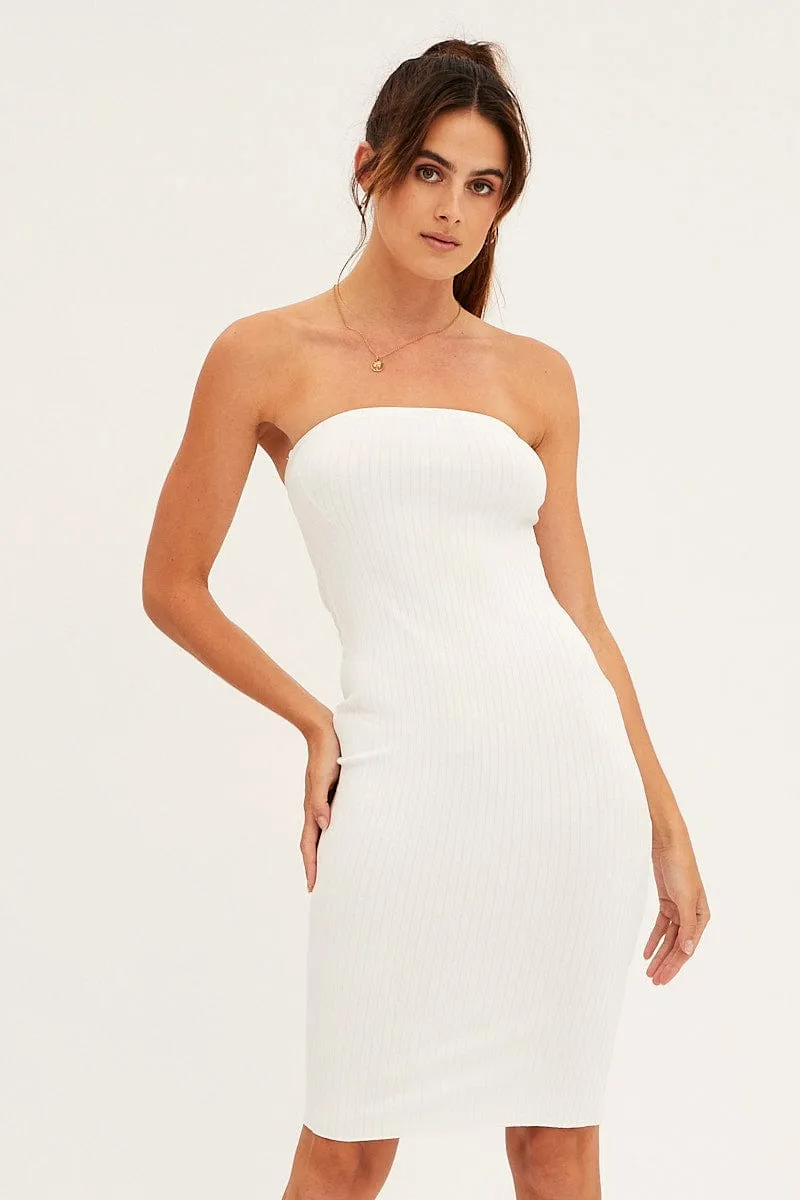White Ribbed Bodycon Dress Strapless